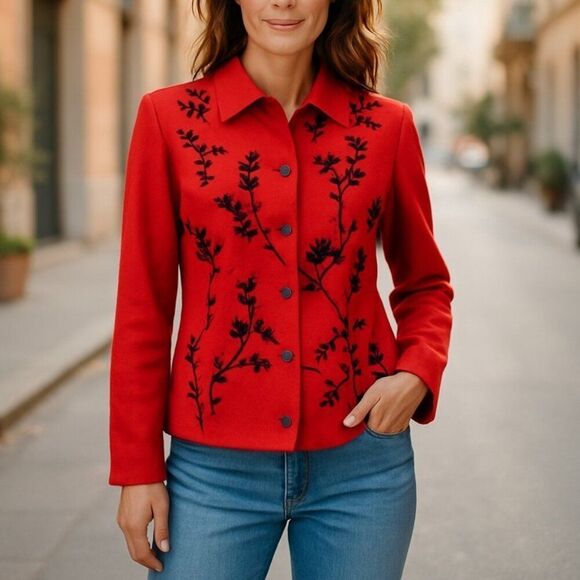 100% Wool Red Jacket Embroidered With Beads Size M - Picture 1 of 14